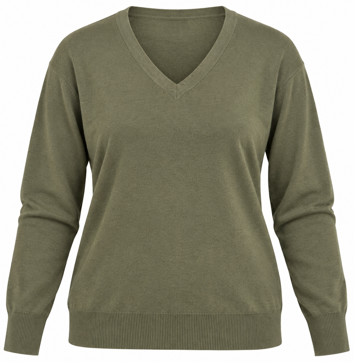  Janique women’s olive green V-neck knit jumper in UK Size 24. Comfortable plus-size long-sleeve pullover, ideal for casual wear and layering.