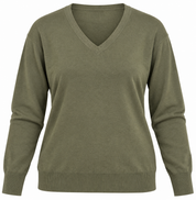  Janique women’s olive green V-neck knit jumper in UK Size 24. Comfortable plus-size long-sleeve pullover, ideal for casual wear and layering.
