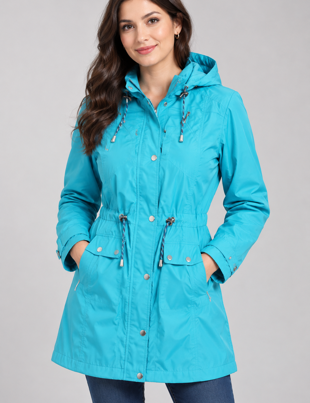  JBC Collection women’s turquoise hooded parka jacket in UK size L. Features an adjustable waist, hood, pockets and practical front fastening for versatile everyday wear.