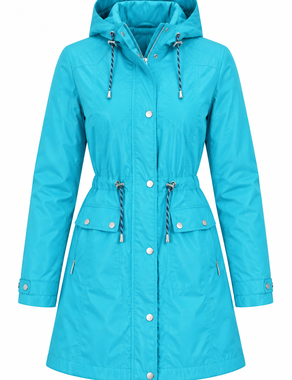  JBC Collection women’s turquoise hooded parka jacket in UK size L. Features an adjustable waist, hood, pockets and practical front fastening for versatile everyday wear.