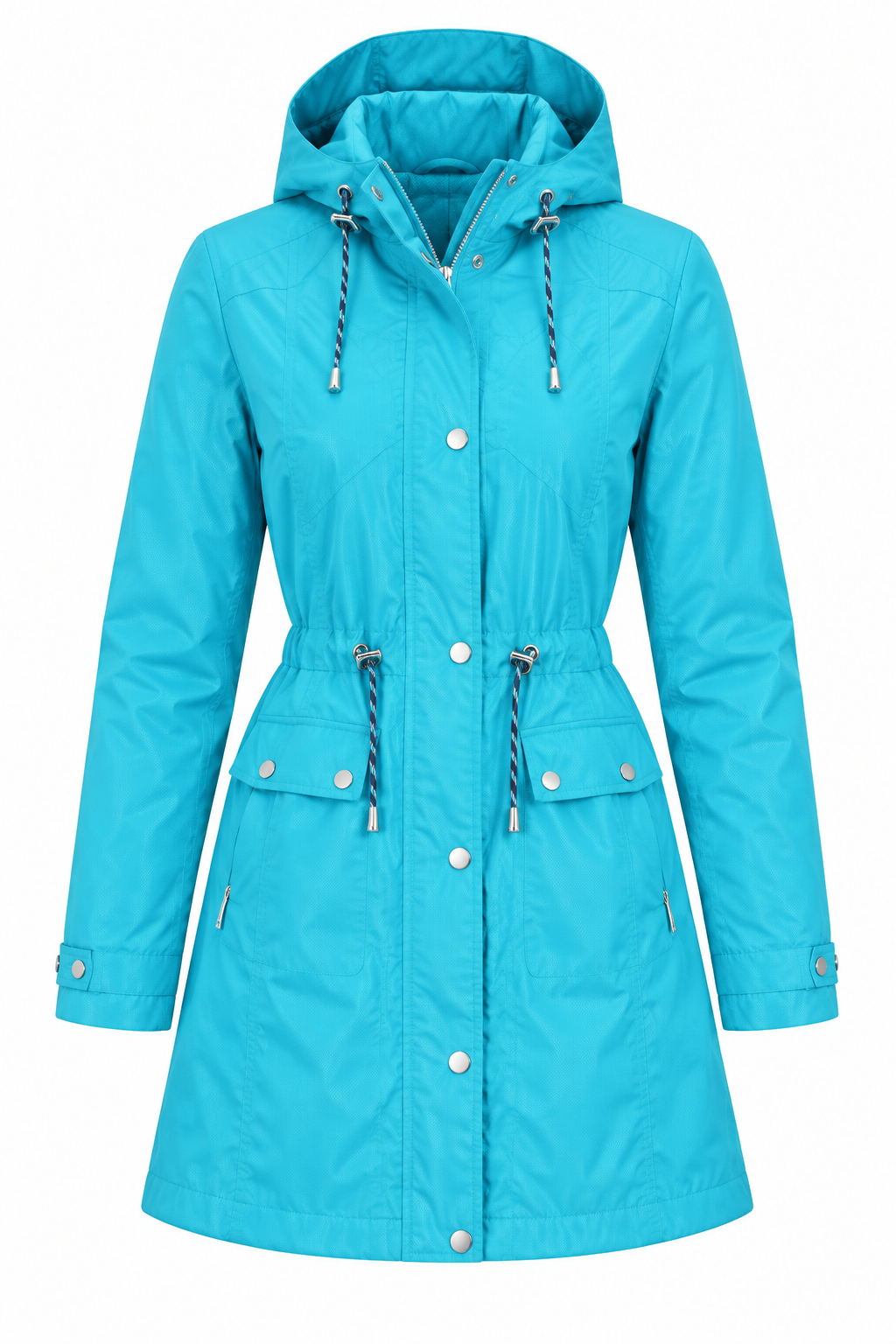  JBC Collection women’s turquoise hooded parka jacket in UK size L. Features an adjustable waist, hood, pockets and practical front fastening for versatile everyday wear.