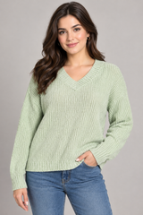 JD Williams Ladies Sage Green Ribbed V-Neck Knitted Jumper