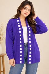 JENNIFER Women Purple Open Front Knitted Cardigan with White Detail