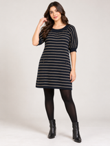 JESSICA H Women Navy Blue & Beige Striped Knit Tunic Dress