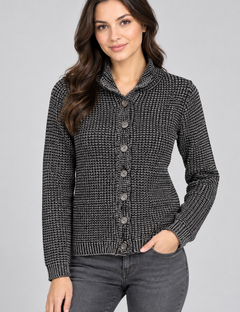  Joe Browns black and grey textured knit cardigan, UK size M, featuring a button-front design, long sleeves and ribbed trims. Perfect for stylish everyday layering.