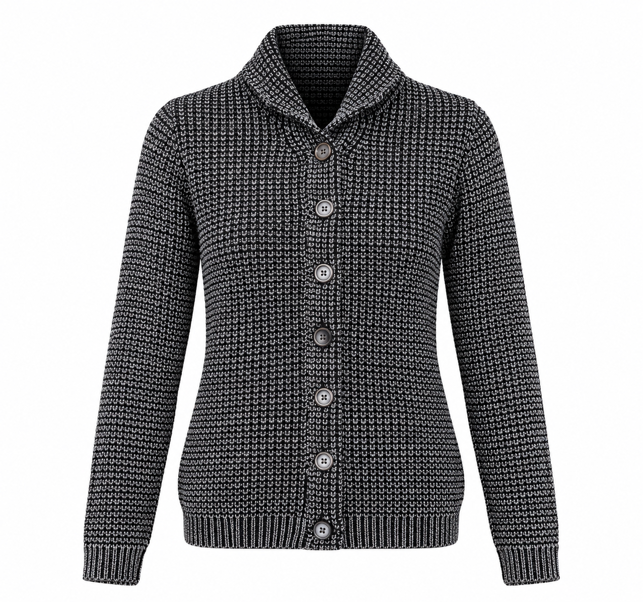   Joe Browns black and grey textured knit cardigan, UK size M, featuring a button-front design, long sleeves and ribbed trims. Perfect for stylish everyday layering.