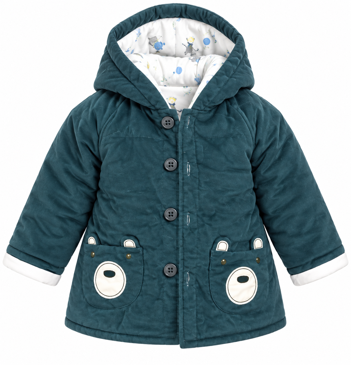 JOHN LEWIS baby hooded quilted jacket in UK size 12–18 months. Cute teal coat with bear pockets, warm lining and button fastening.