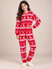  John Lewis girls' red Christmas reindeer fleece onesie, UK age 11 years. Cosy hooded all-in-one with festive Fair Isle print and zip fastening.