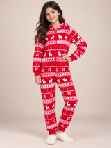 John Lewis Girls Red Christmas Reindeer Print Hooded Fleece Onesie