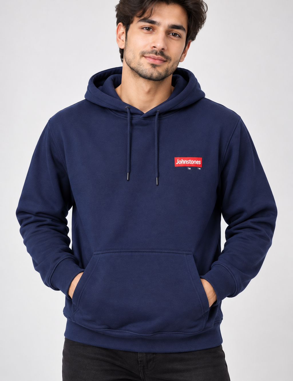 Johnstones men’s navy blue pullover hoodie in UK Size L. Comfortable casual hoodie with drawstring hood, kangaroo pocket and chest logo.
