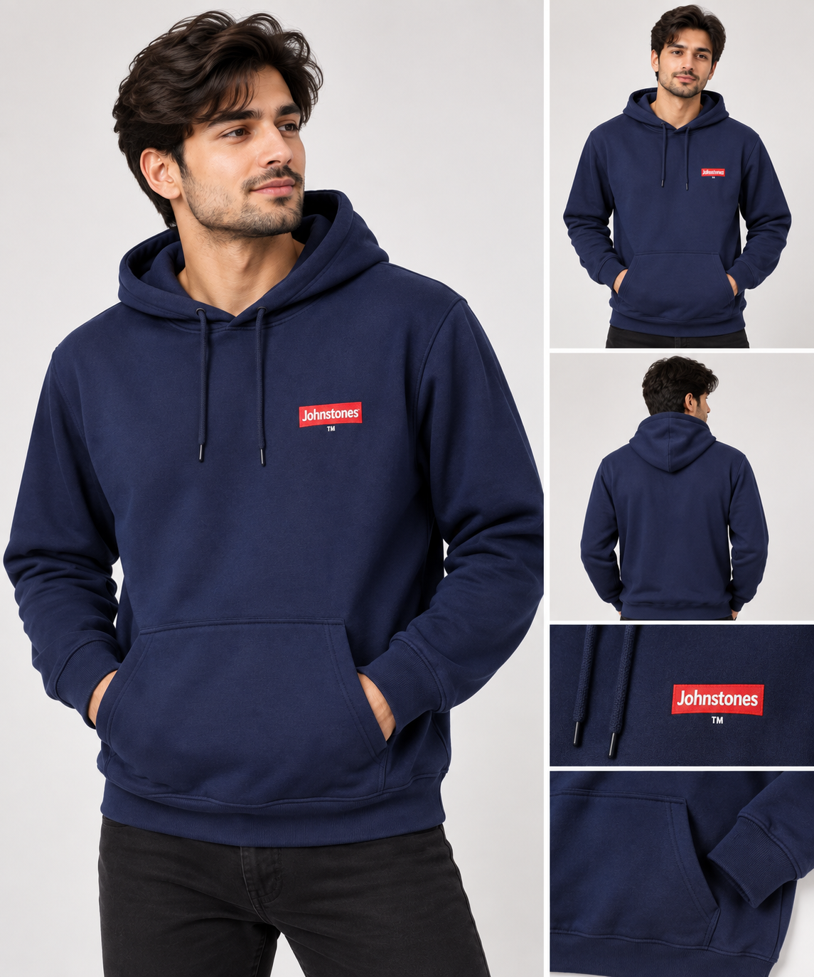 Johnstones men’s navy blue pullover hoodie in UK Size L. Comfortable casual hoodie with drawstring hood, kangaroo pocket and chest logo.