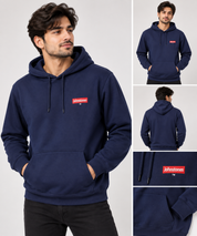 Johnstones men’s navy blue pullover hoodie in UK Size L. Comfortable casual hoodie with drawstring hood, kangaroo pocket and chest logo.