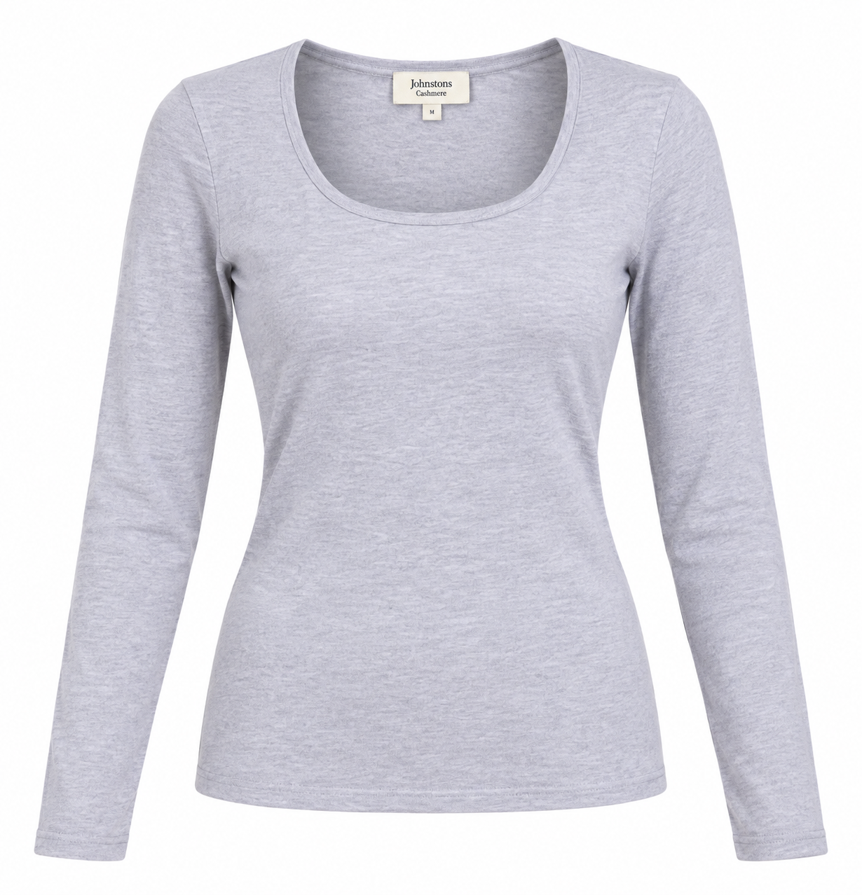 Johnstons Cashmere women’s light grey long sleeve scoop neck top in UK Size M. A stylish, versatile piece for casual and smart-casual outfits.