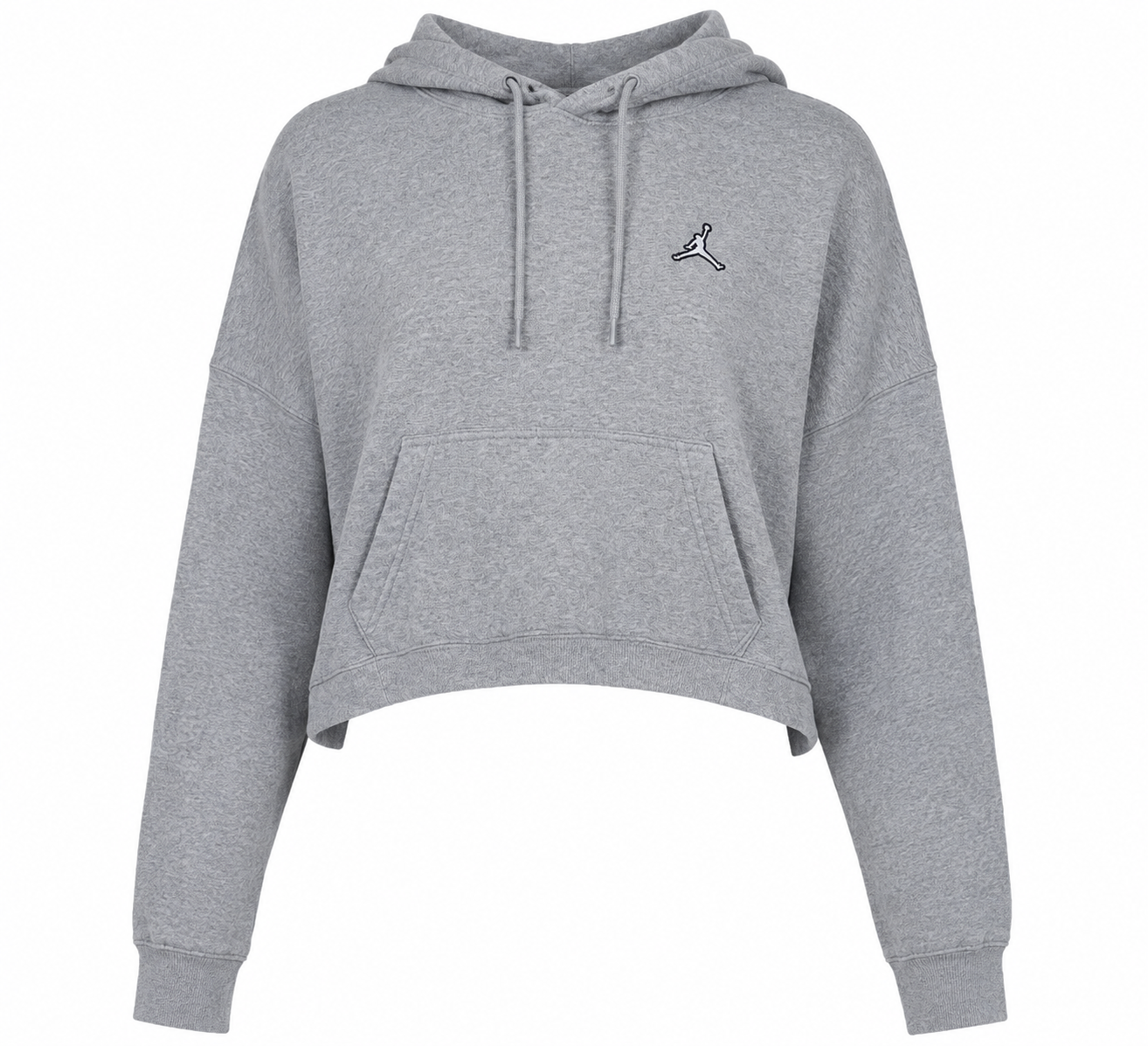 JORDAN Women's Grey Cropped Hoodie in UK Size M. Stylish casual pullover with drawstring hood, kangaroo pocket and iconic JORDAN logo.