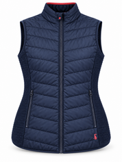   Joules women’s navy quilted gilet in UK size 14, featuring zipped pockets, textured side panels and a stand collar. Ideal for everyday layering.