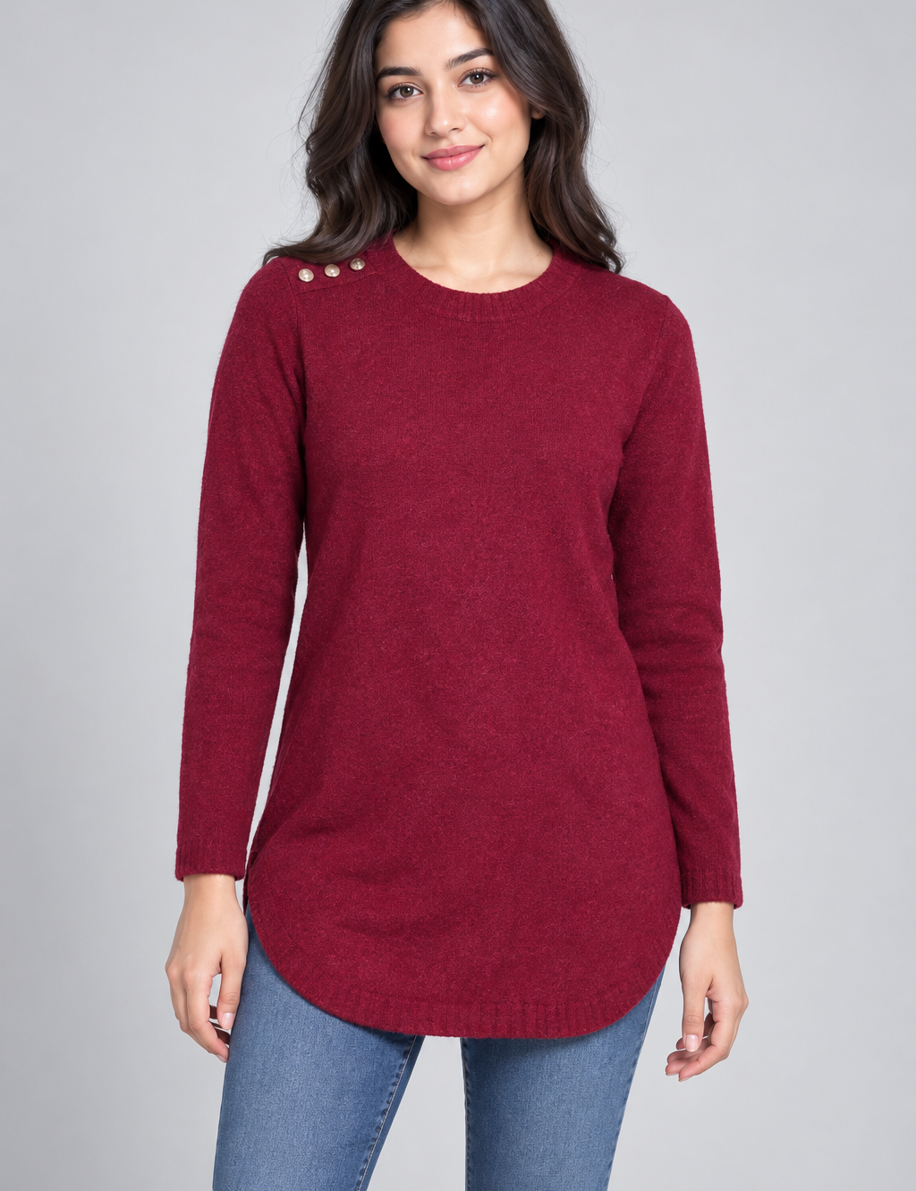 this Julipa burgundy longline knit top in UK size L. Soft long sleeves, round neck and elegant shoulder-button detail—perfect for casual styling