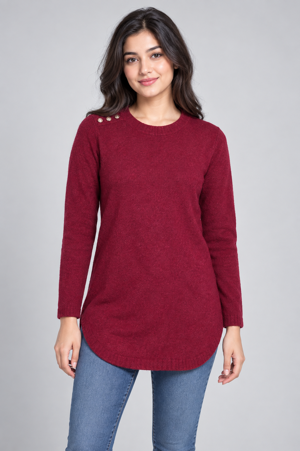  this Julipa burgundy longline knit top in UK size L. Soft long sleeves, round neck and elegant shoulder-button detail—perfect for casual styling
