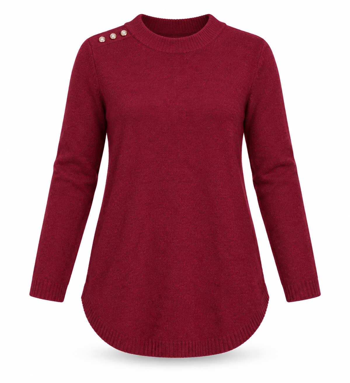  this Julipa burgundy longline knit top in UK size L. Soft long sleeves, round neck and elegant shoulder-button detail—perfect for casual styling