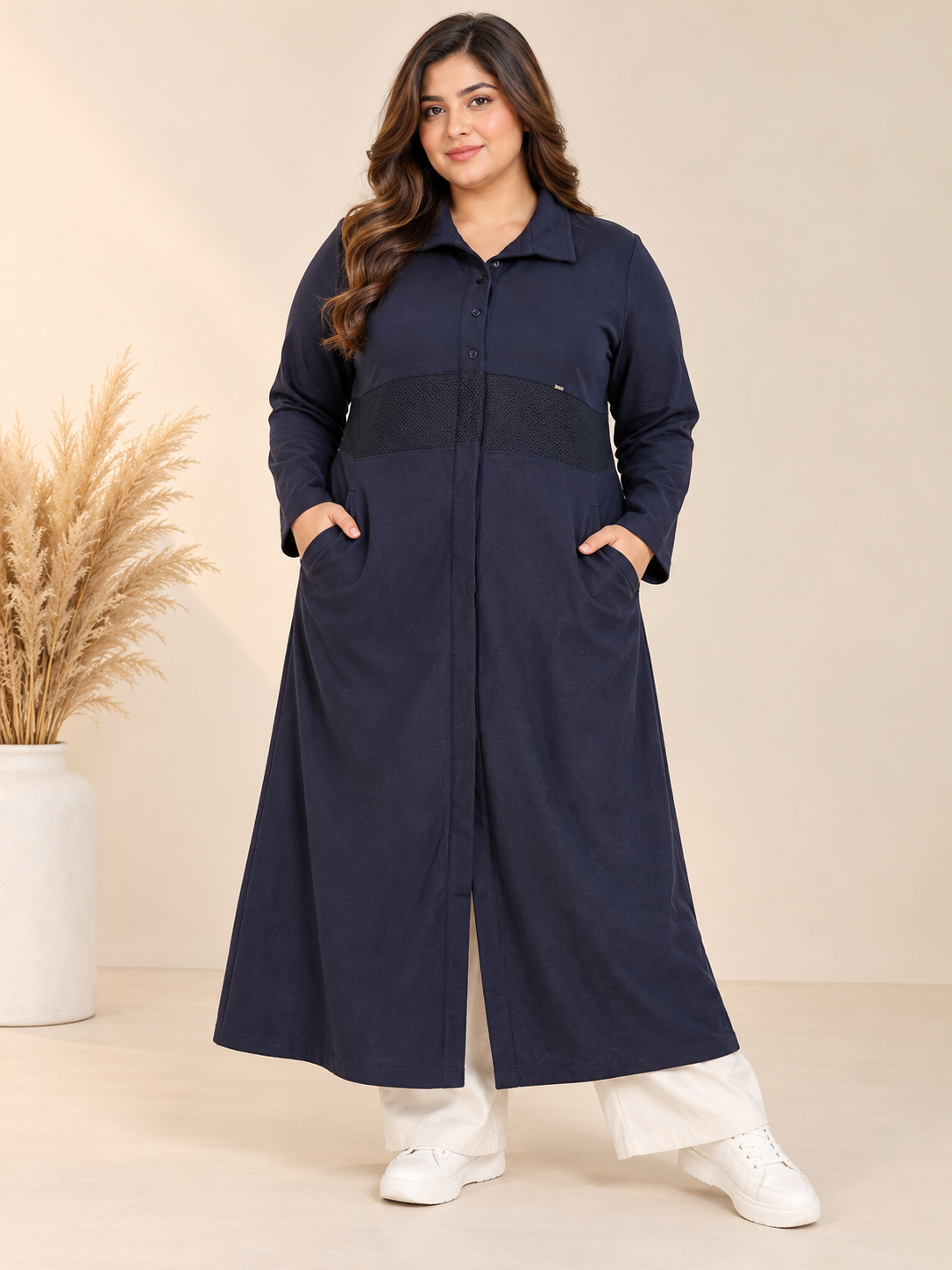 JUST 4 WOMEN navy blue long coat dress in UK size 3XL. Stylish button-front design, textured waist panel and flattering plus-size fit.