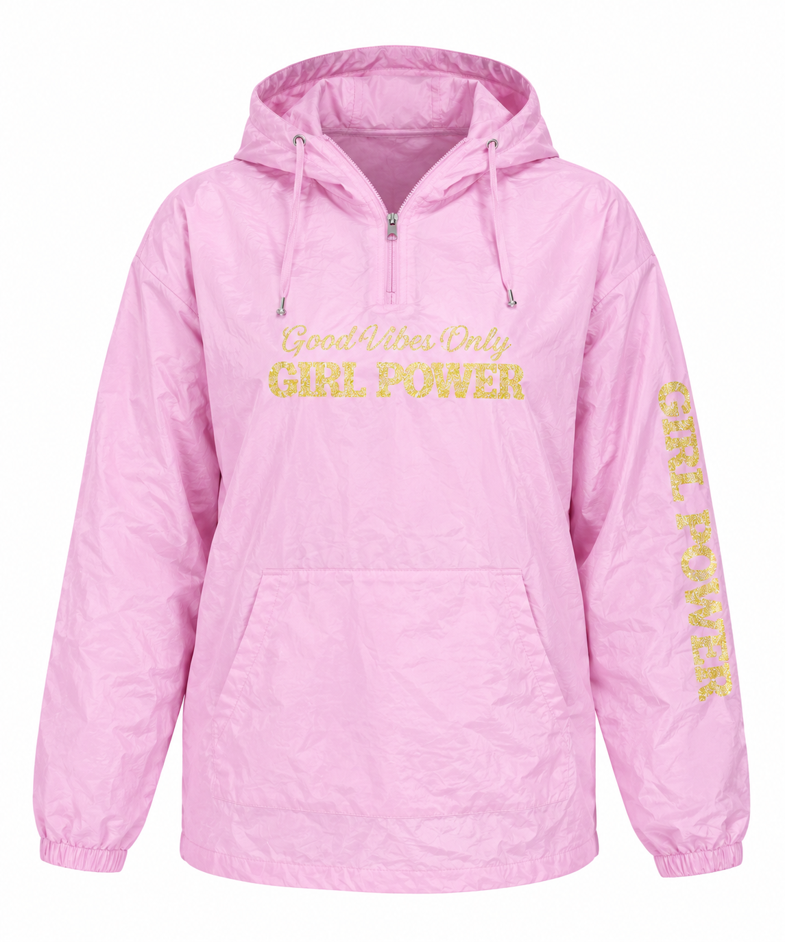  this Just Hoods pink hooded pullover windbreaker in UK 3XL, featuring a gold Girl Power print, half-zip front, drawstring hood and kangaroo pocket.