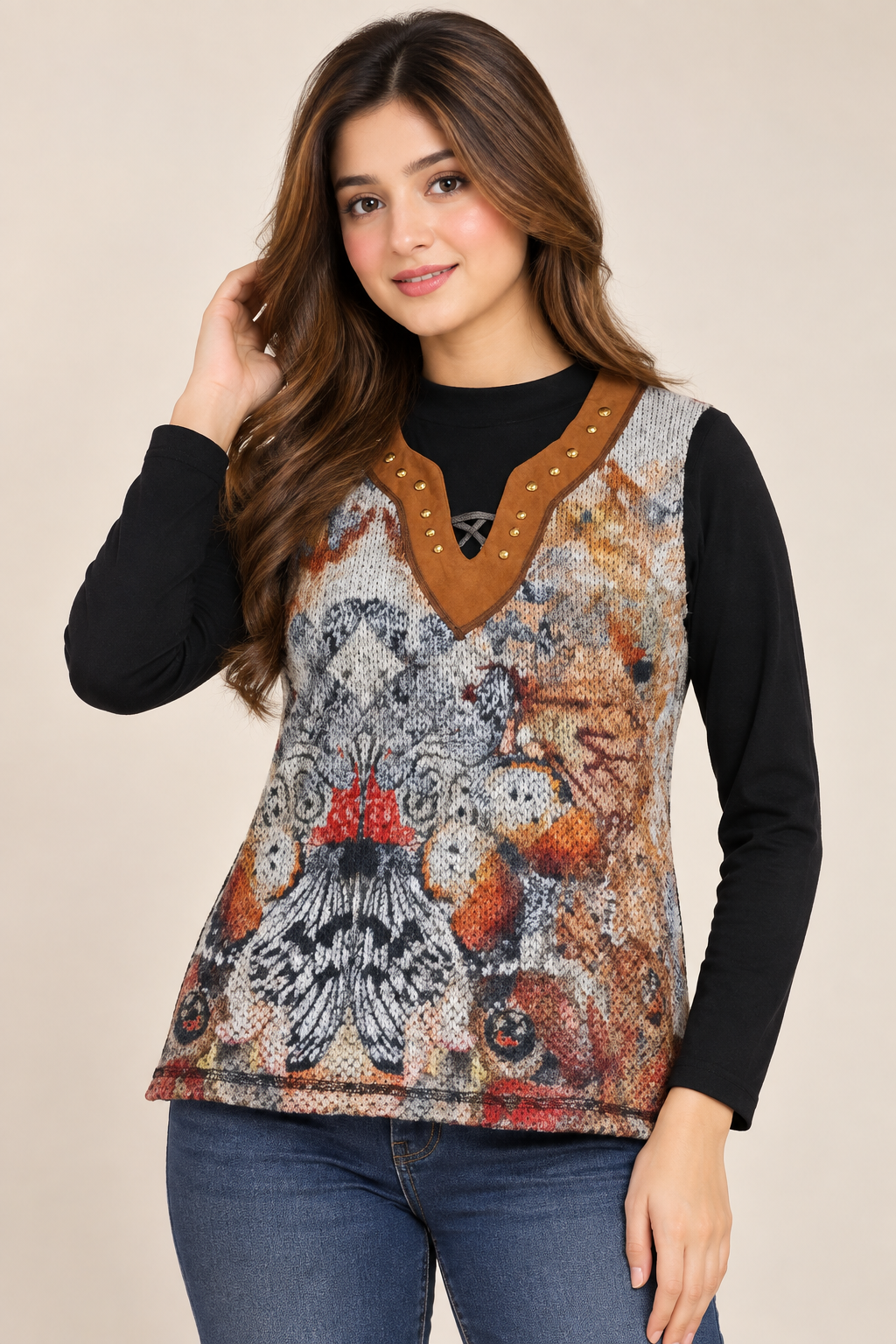 this KALISSON women’s artistic print long sleeve top in UK Size XS, featuring black sleeves, a studded V-neck and unique multicolour design.