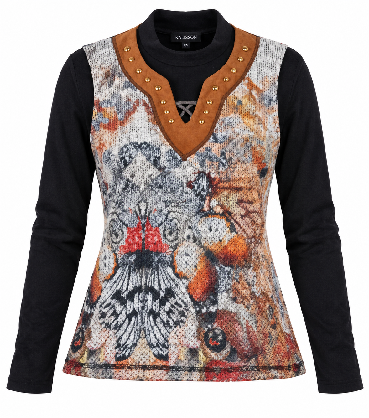this KALISSON women’s artistic print long sleeve top in UK Size XS, featuring black sleeves, a studded V-neck and unique multicolour design.