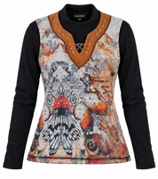 this KALISSON women’s artistic print long sleeve top in UK Size XS, featuring black sleeves, a studded V-neck and unique multicolour design.