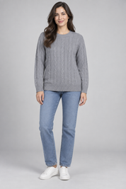   Kangaroo Poo grey cable knit jumper in UK size L. A cosy long-sleeve crew-neck knit, perfect for casual everyday styling.