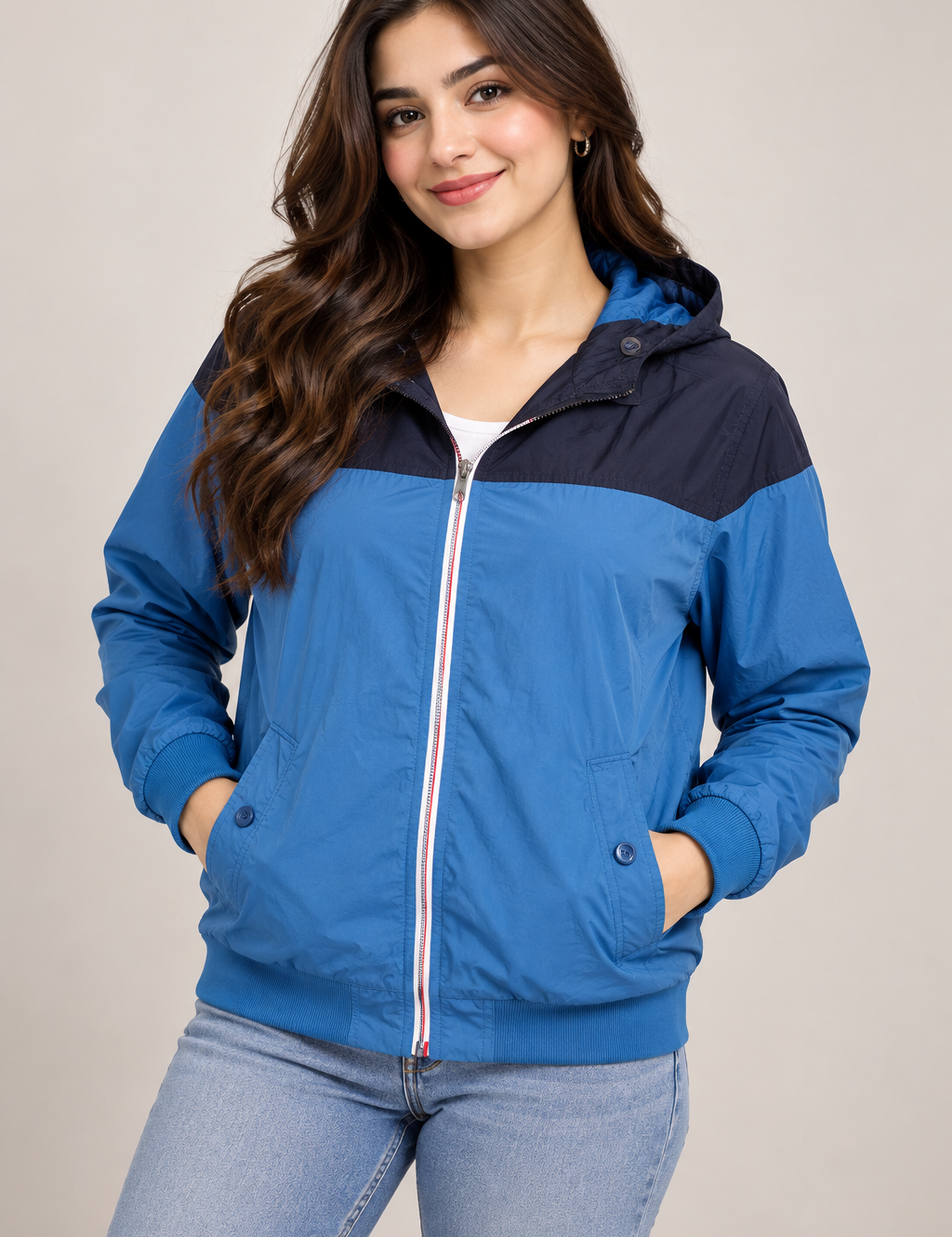 Kangroo Poo women’s blue & navy hooded jacket in UK Size XL. Lightweight zip-up design with pockets, ribbed cuffs and a sporty casual look.