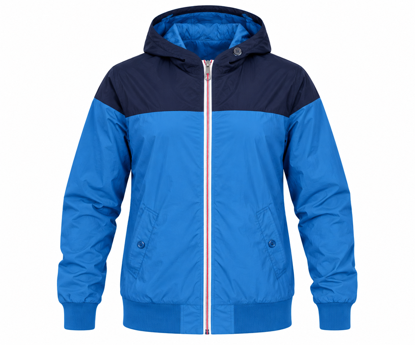 Kangroo Poo women’s blue & navy hooded jacket in UK Size XL. Lightweight zip-up design with pockets, ribbed cuffs and a sporty casual look.