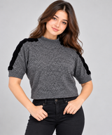 Karen Millen Women Grey Textured Knit Mock Neck Top with Black Shoulder Panels