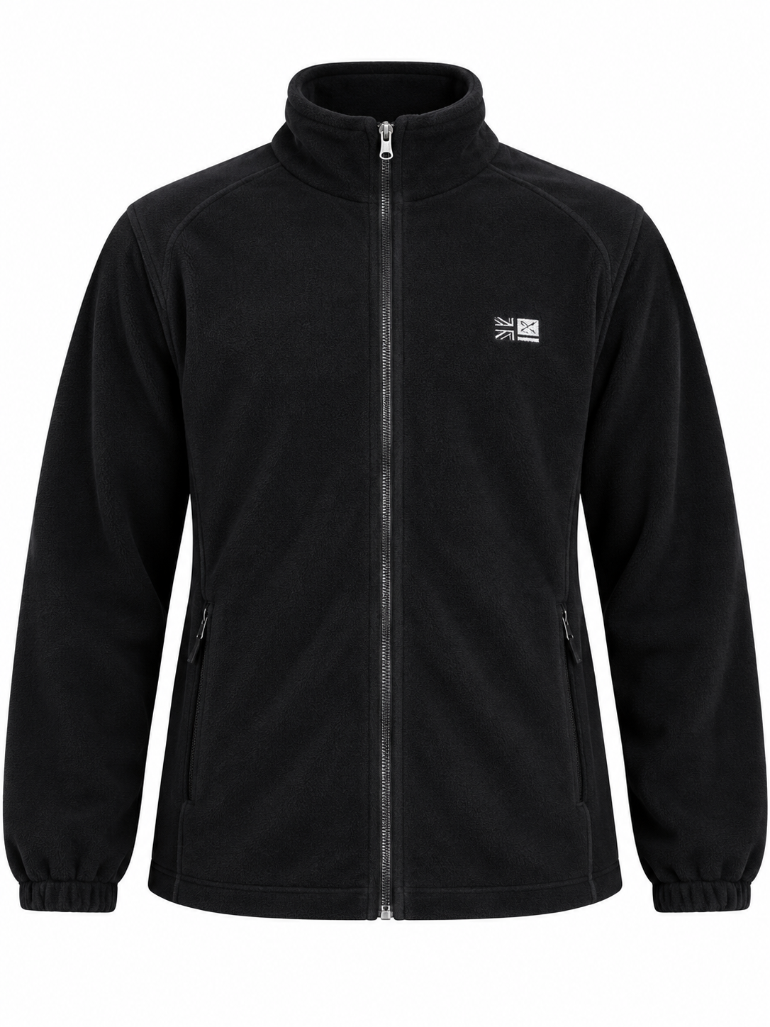 KARRIMOR Men's Black Full Zip Fleece Jacket in UK Size M. Stylish high-neck design with side zip pockets, ideal for casual and outdoor wear.