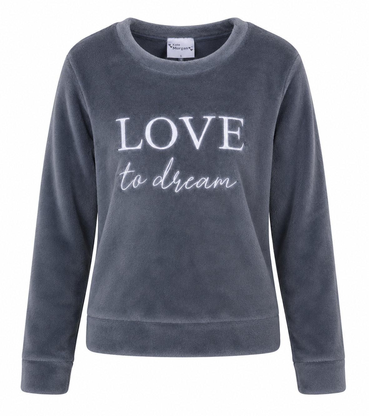  Kate Morgan Women's Grey Plush Fleece Sweatshirt featuring an embroidered "LOVE to dream" design. Soft, warm, and stylish for everyday casual wear.