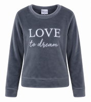  Kate Morgan Women's Grey Plush Fleece Sweatshirt featuring an embroidered "LOVE to dream" design. Soft, warm, and stylish for everyday casual wear.
