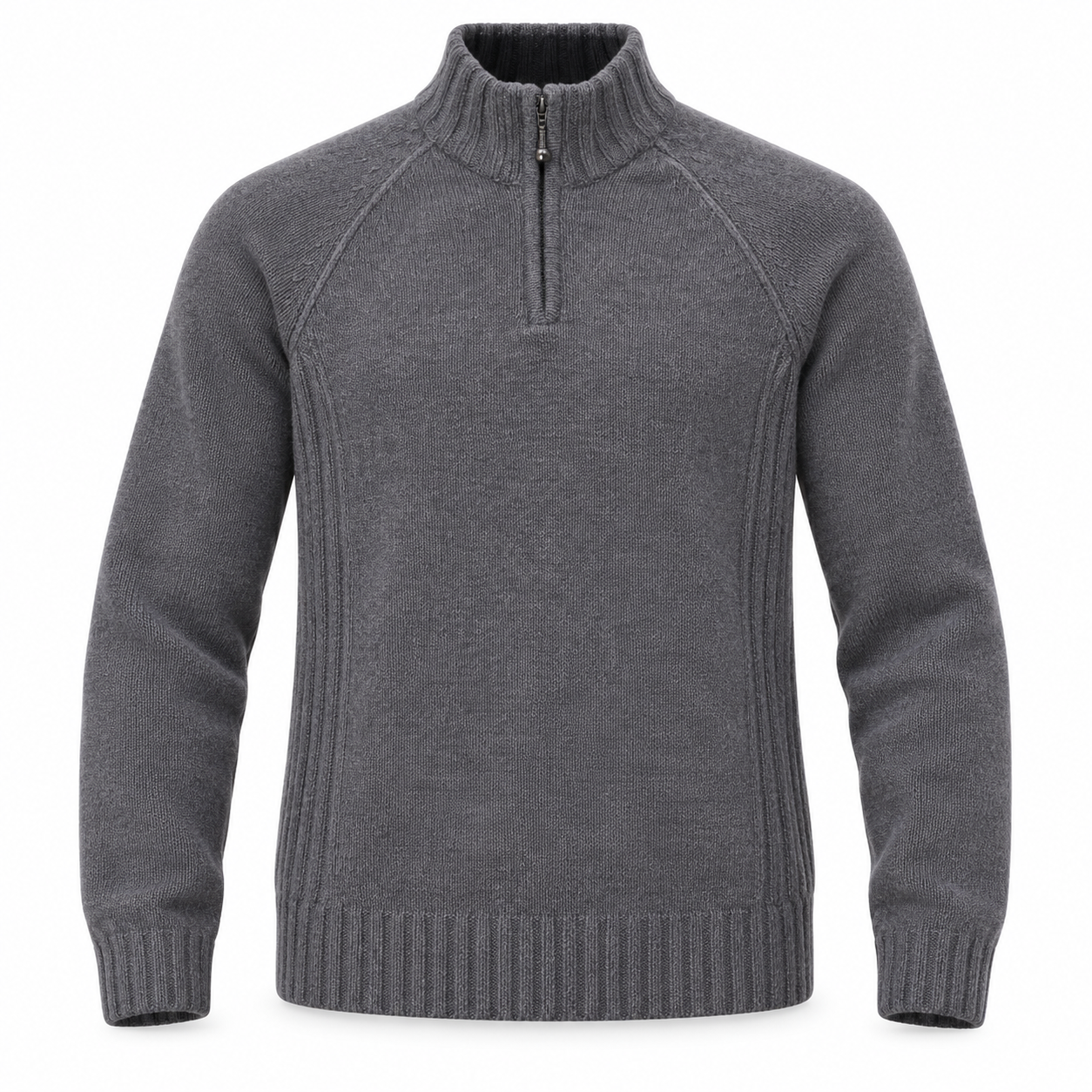   Kensington men’s grey quarter-zip knit sweater in UK size L, featuring a ribbed high neck, long raglan sleeves and ribbed trims.