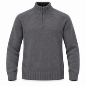   Kensington men’s grey quarter-zip knit sweater in UK size L, featuring a ribbed high neck, long raglan sleeves and ribbed trims.
