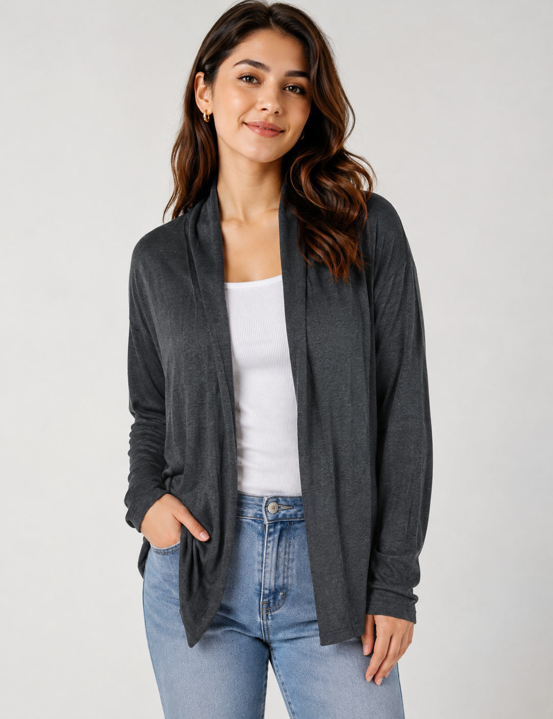  Kersh women’s charcoal grey open-front cardigan in UK XL. Stylish long-sleeve design with a relaxed fit, perfect for versatile everyday layering.