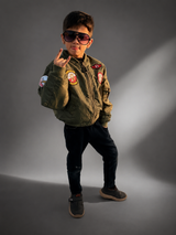 Kids Olive Green Military Style Bomber Jacket