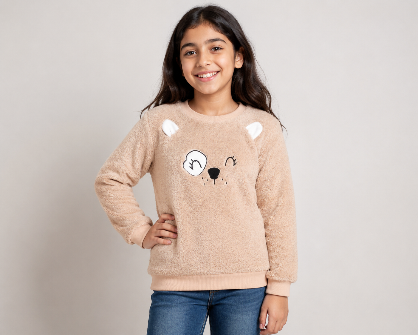  Kids Peacocks beige teddy fleece sweatshirt for ages 10–11 years. Featuring a cute animal face, soft fluffy fabric and long sleeves, perfect for cozy everyday wear.
