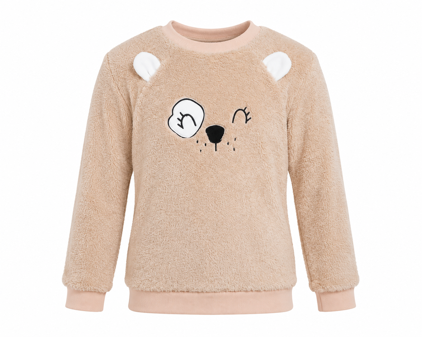  Kids Peacocks beige teddy fleece sweatshirt for ages 10–11 years. Featuring a cute animal face, soft fluffy fabric and long sleeves, perfect for cozy everyday wear.