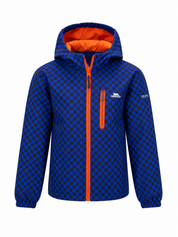 Kids Trespass Blue Checkered Hooded Jacket in UK Size 5–6 Years. Stylish kids' outdoor coat with hood, orange zippers and practical design.