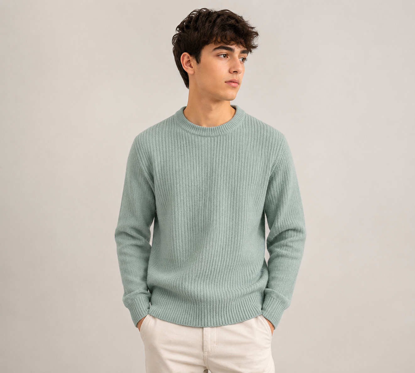  Kin boys’ ribbed knit jumper in sage green, UK size M. Featuring a classic crew neck, long sleeves and versatile design for everyday wear.