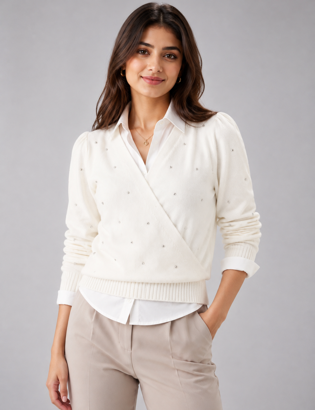 Klass ivory embellished wrap knit sweater in UK Size L. Elegant V-neck design with silver detailing, long sleeves and ribbed finish—perfect for smart and stylish women's outfits.