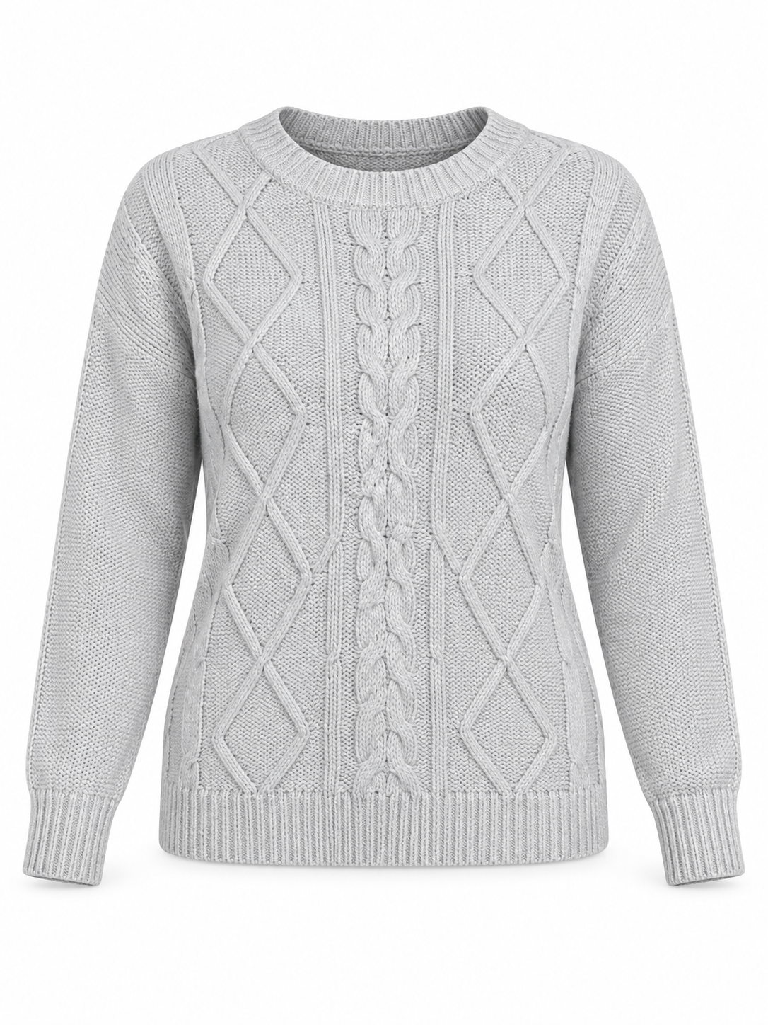 KNIT WEAR women’s silver grey cable knit jumper in UK XXL. Classic crew neck, long sleeves and ribbed trims. Chest 23”, length 23”.