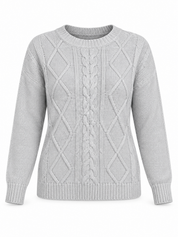 KNIT WEAR women’s silver grey cable knit jumper in UK XXL. Classic crew neck, long sleeves and ribbed trims. Chest 23”, length 23”.