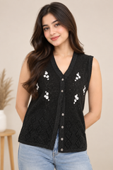 KOLETTE Women Black Embellished Sleeveless Knit Vest