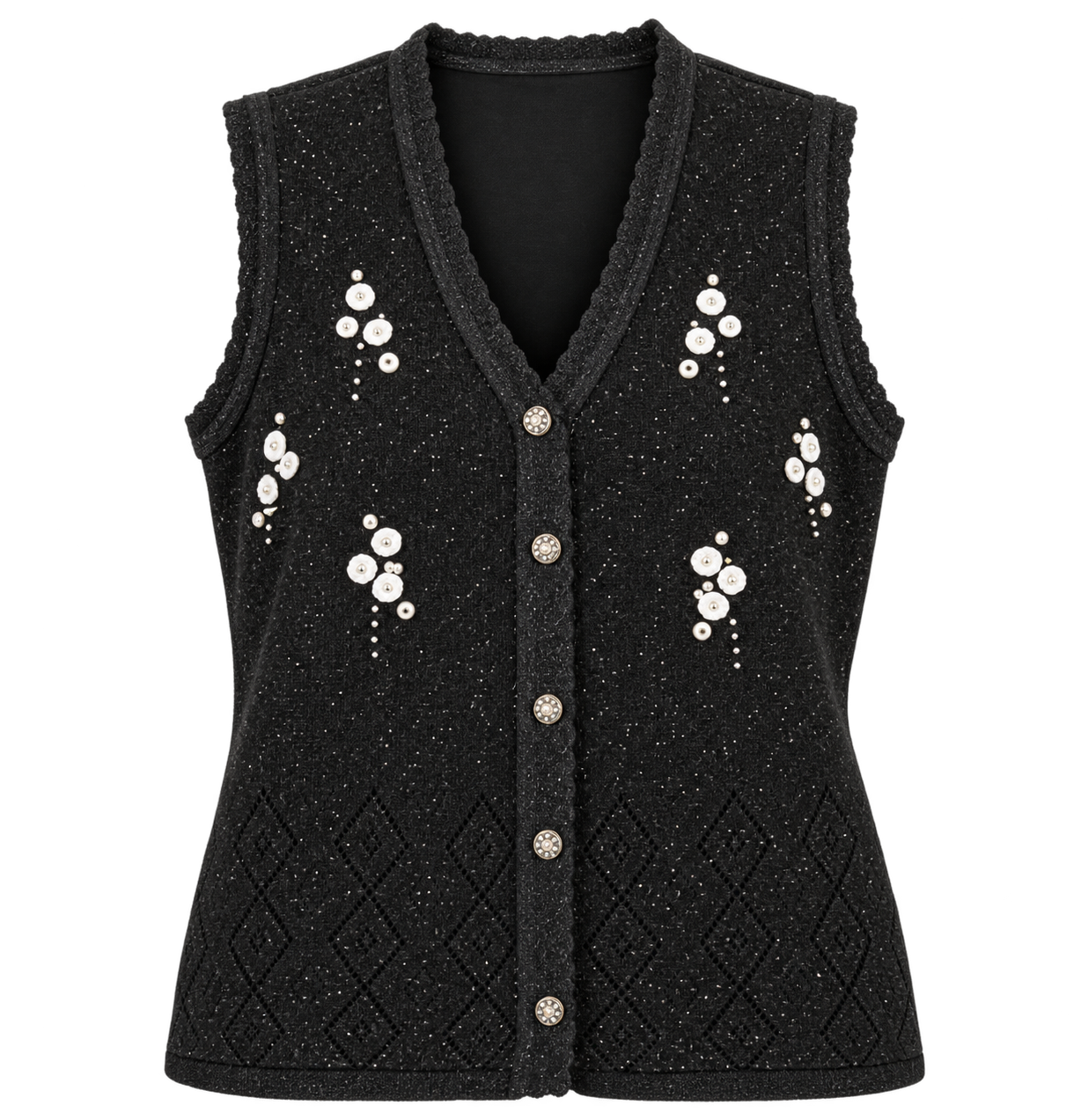  KOLETTE women’s black embellished sleeveless knit vest in UK Size S/M. Stylish V-neck, button front and textured detailing for versatile layering.