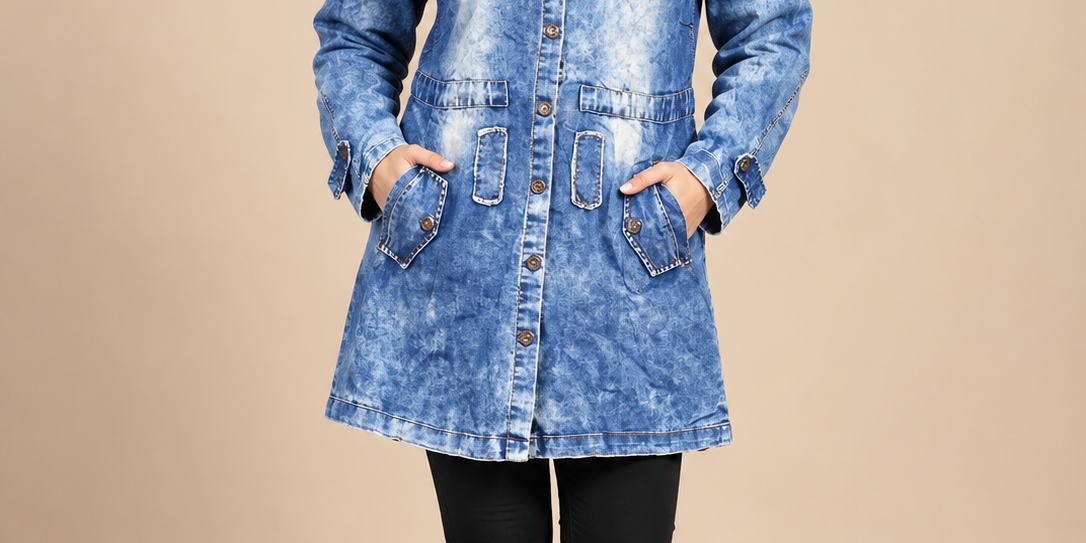 Kularium Women's Blue Acid Wash Hooded Denim Jacket in UK XL. Chest 21", length 31". Stylish longline denim outerwear for everyday fashion.