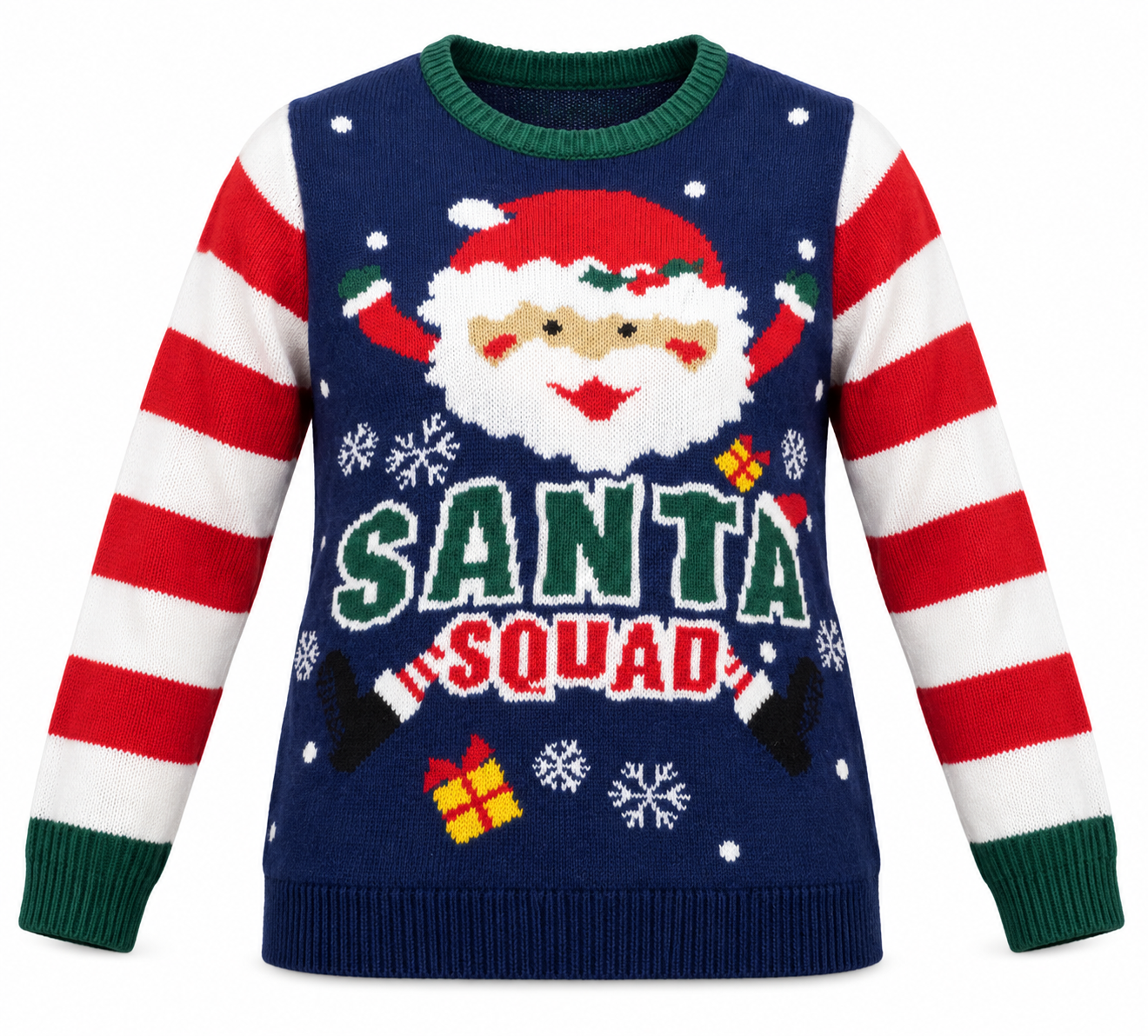  Ladies Jumper Santa Squad Christmas knit in UK size 12/14. Navy festive jumper with striped sleeves, green trims and a cheerful Santa design.