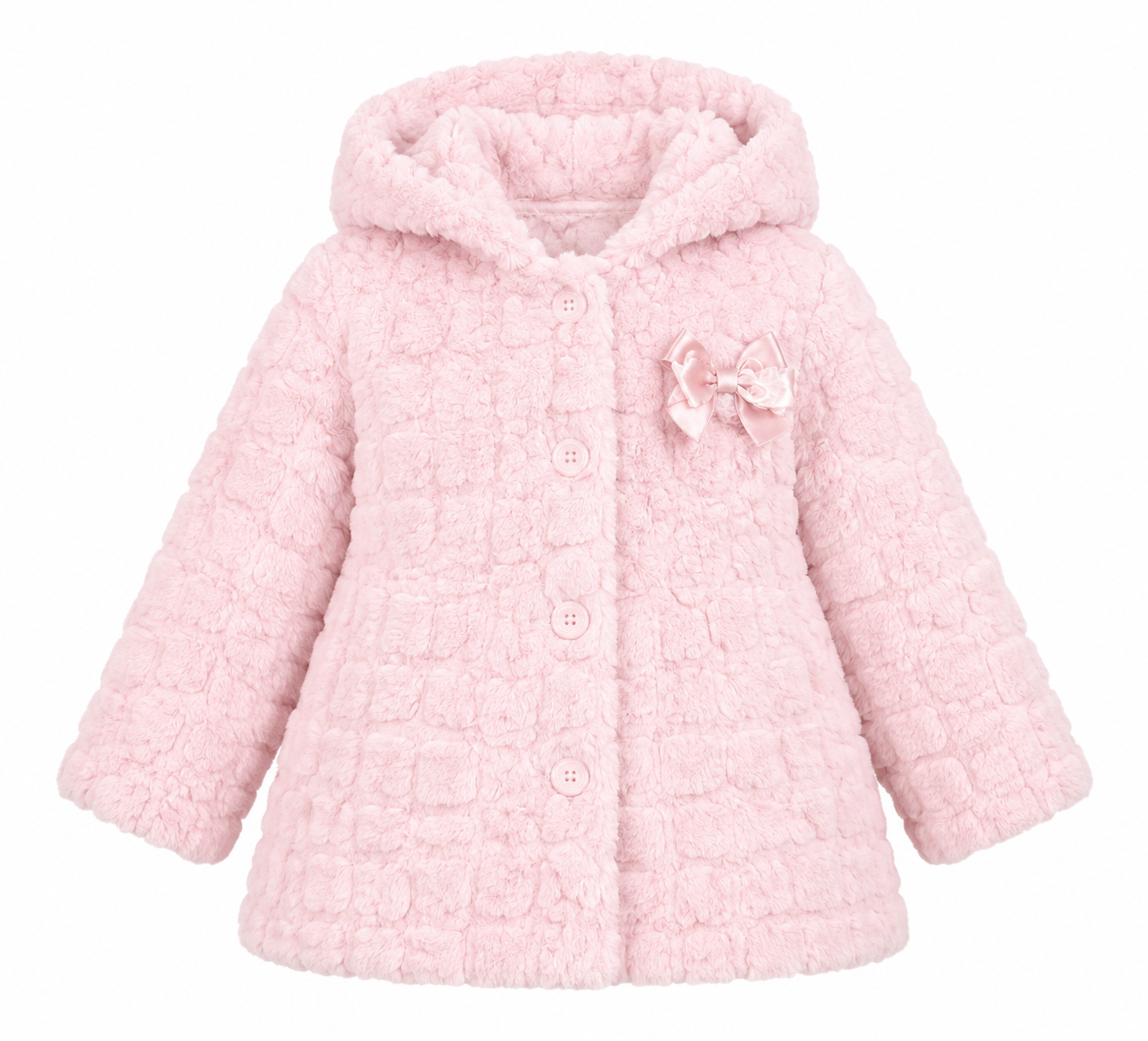  Ladybird girls' pink faux fur hooded coat in UK size 3-4 years. Soft, cosy and stylish with a cute bow detail, perfect for winter days and outings.